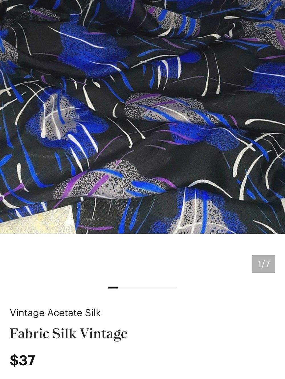 Black Floral Print Silk Fabric — Blue, Purple & White Pattern